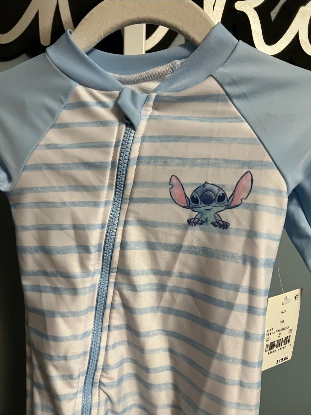 Disney Baby Stitch Light Blue Striped Baby Rashguard Full Zip Romper NWT